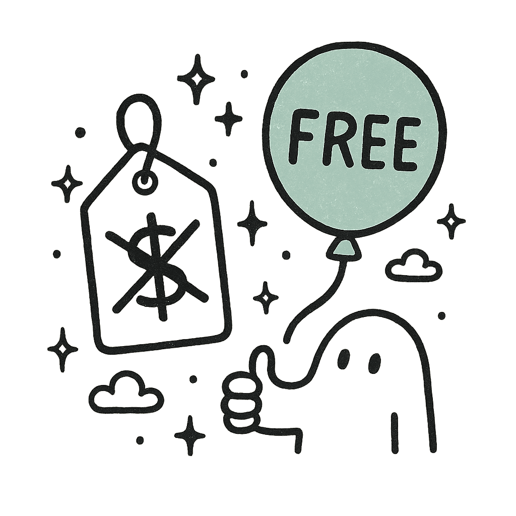 Hand-drawn doodle of a crossed-out price tag next to a free balloon