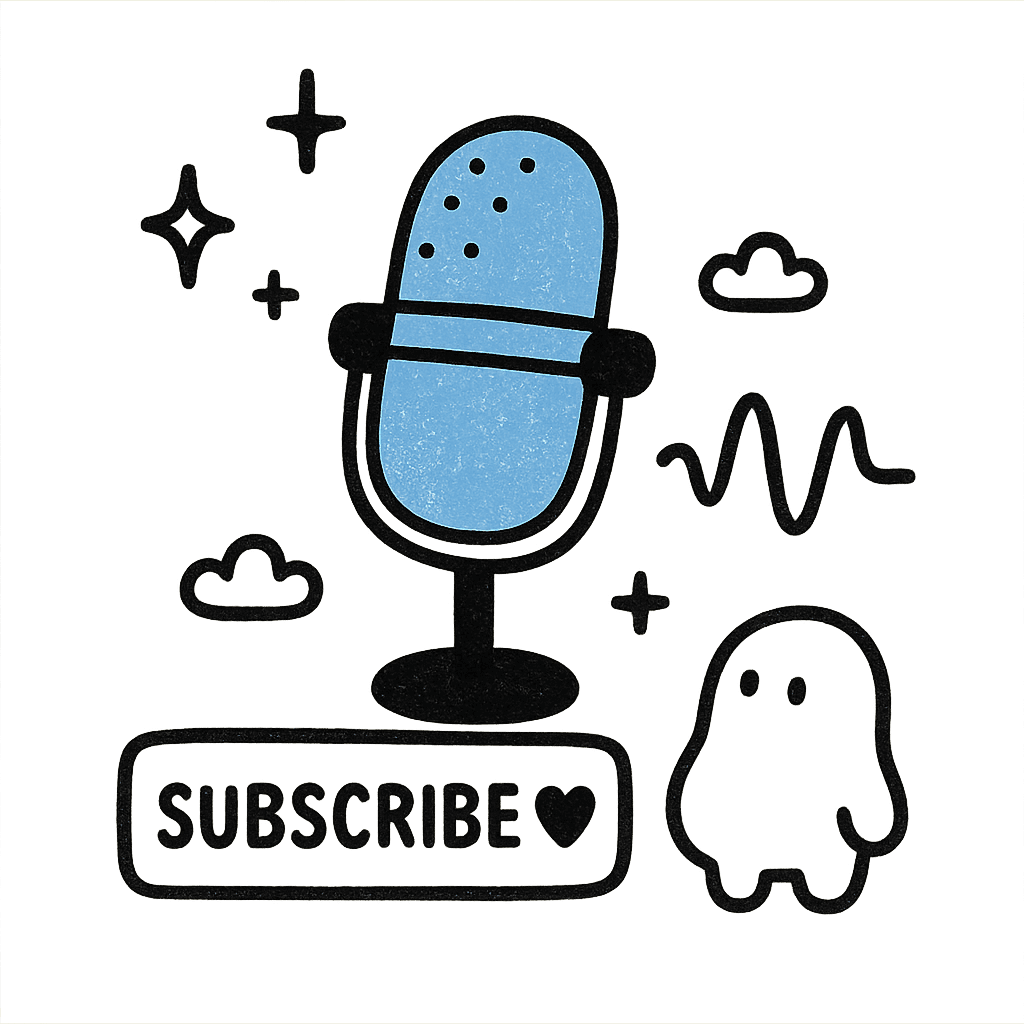Hand-drawn doodle of a podcast microphone on a stand with a sound wave