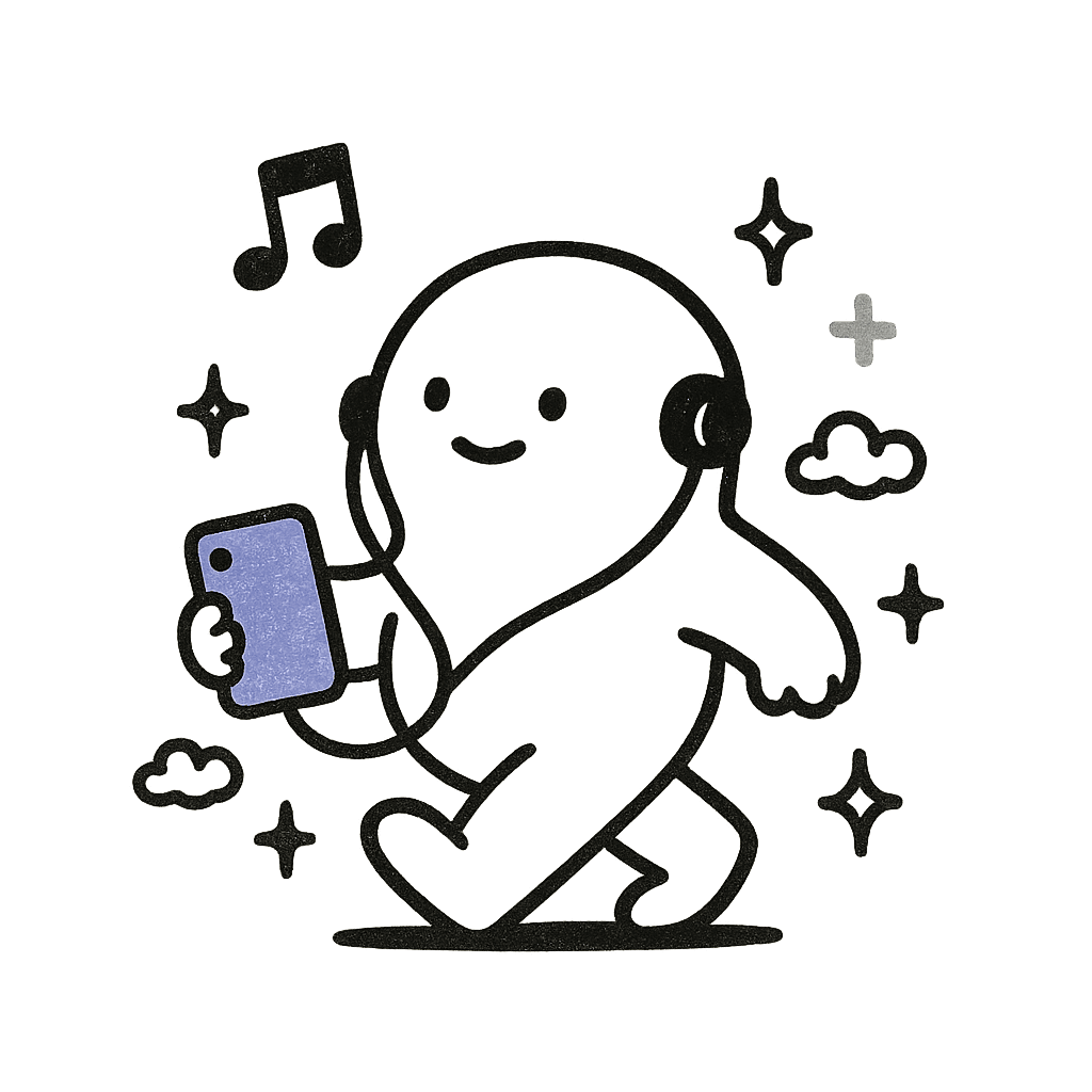 Hand-drawn doodle of a character walking with earbuds and a music note