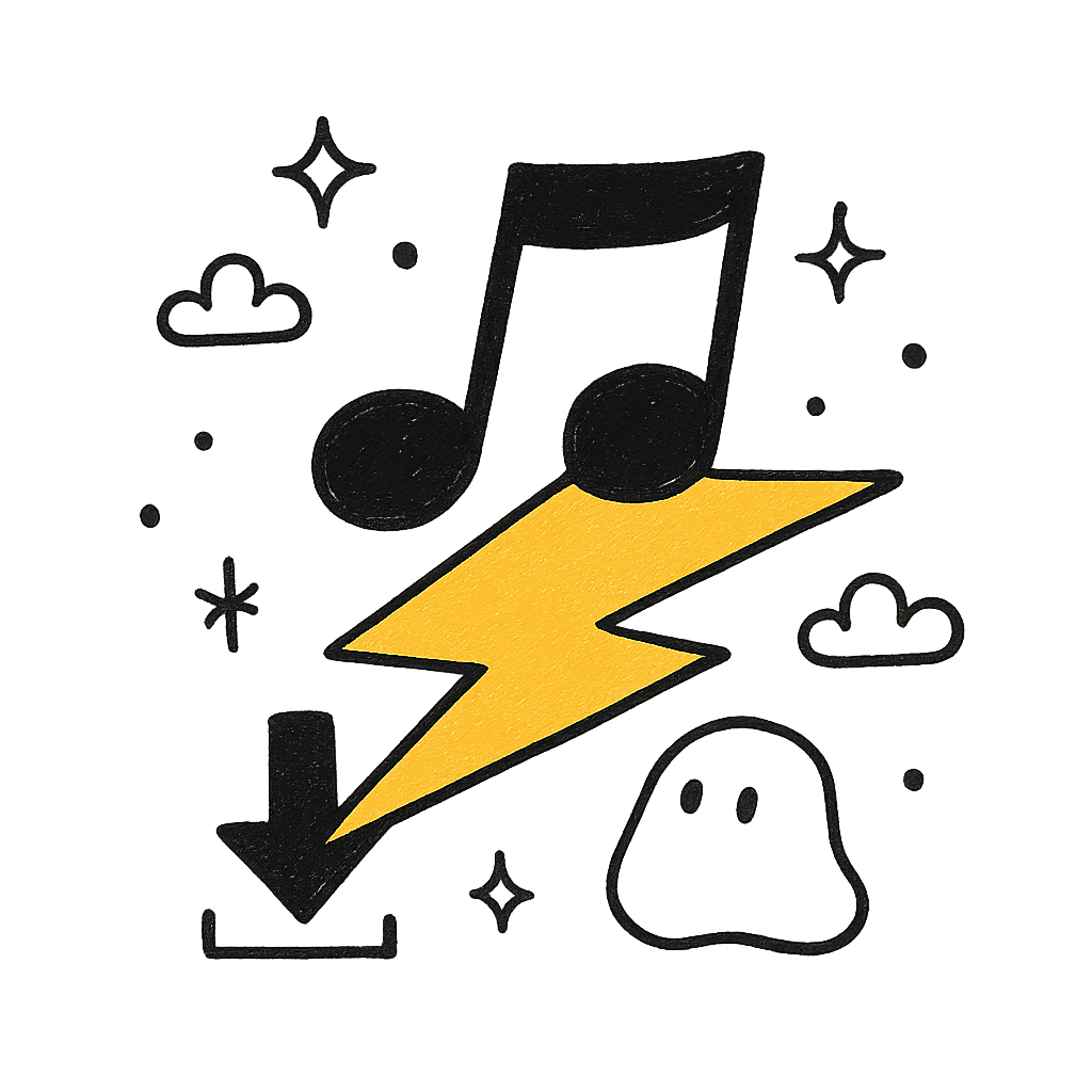 Hand-drawn doodle of a music note flying on a lightning bolt