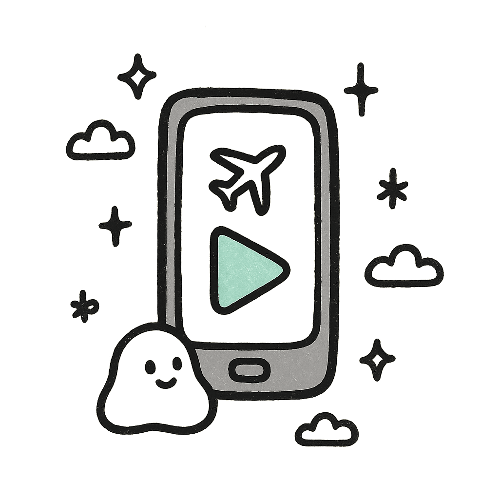 Hand-drawn doodle of a phone with a play button and airplane icon