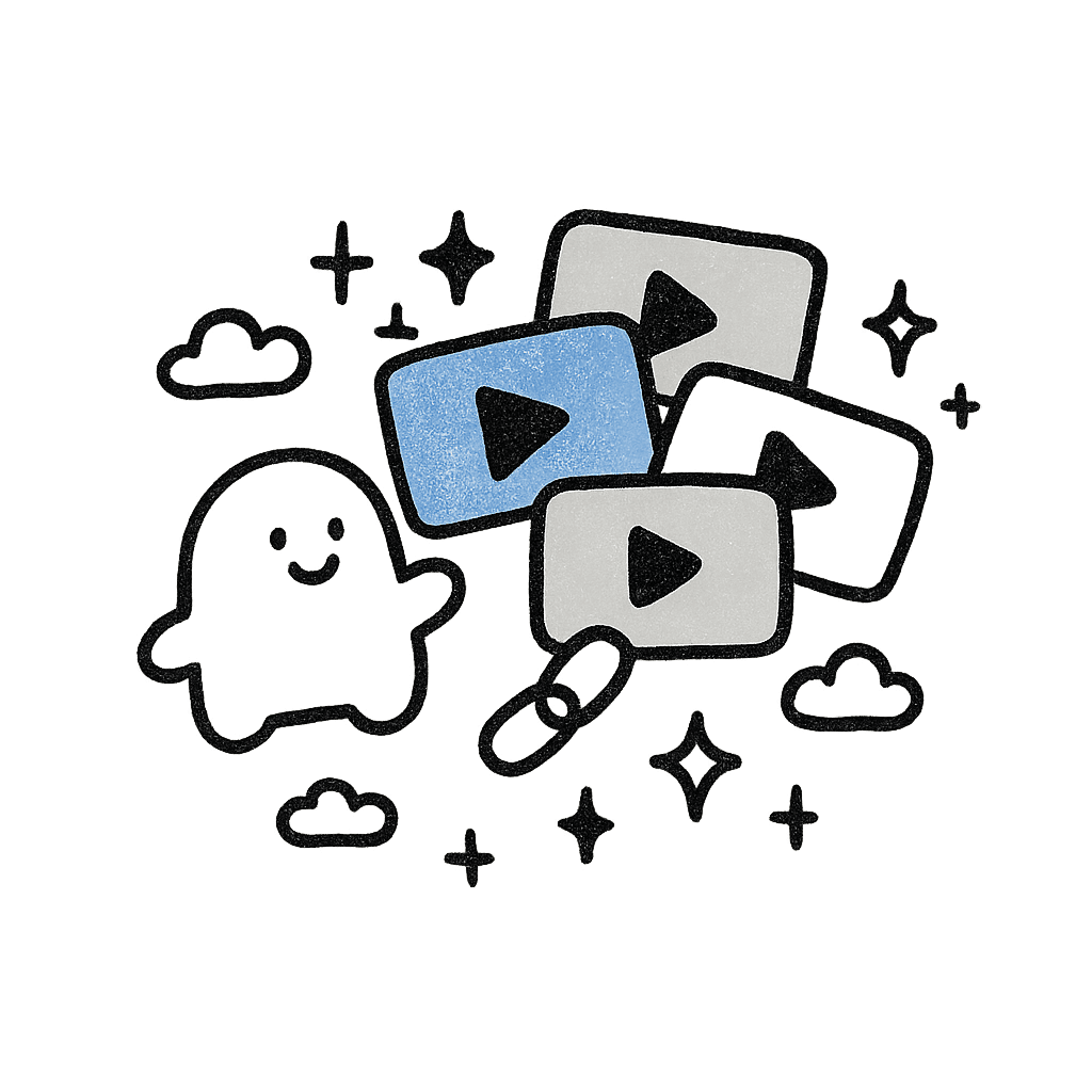Hand-drawn doodle of stacked video thumbnails tied with a link icon
