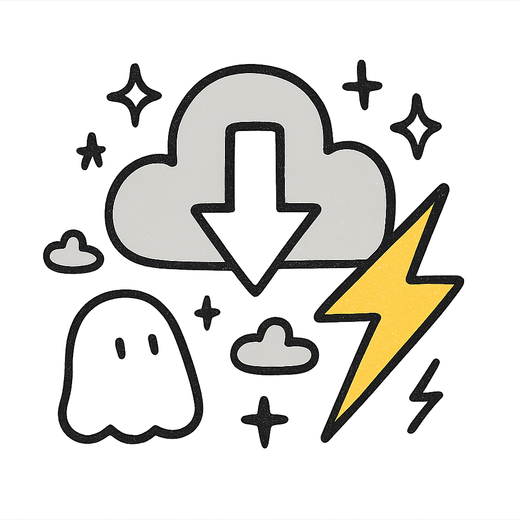 Hand-drawn doodle of a download cloud with a lightning bolt